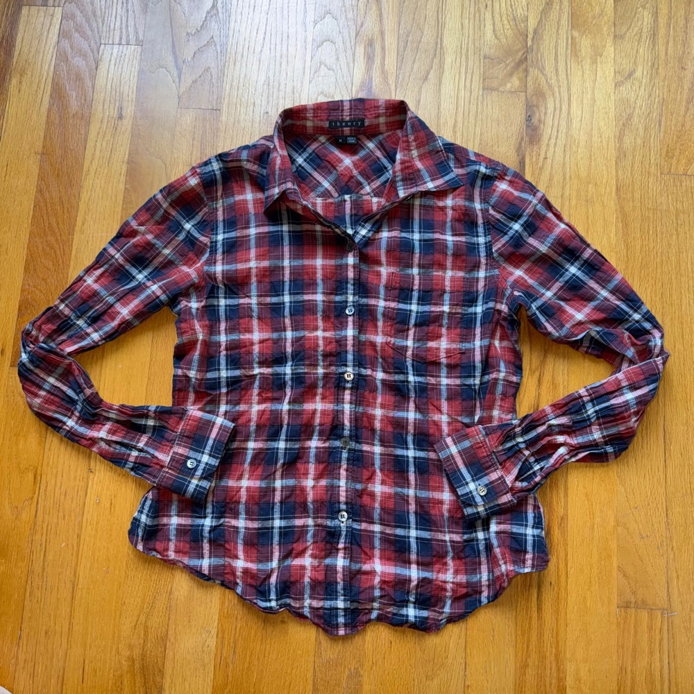 Theory Kenola Berkshire Red Navy Plaid Button Down Shirt Womens M Fall Cotton